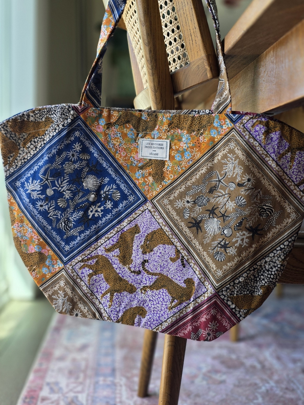 Sezane Multicolor Patchwork Tote with Blue, Purple and Brown Panels
